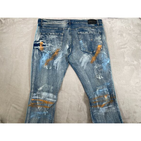 Men's FWRD Trashed Distressed Stacked Denim Jeans-Blue-Size 42 Inseam 32 - Picture 7 of 11
